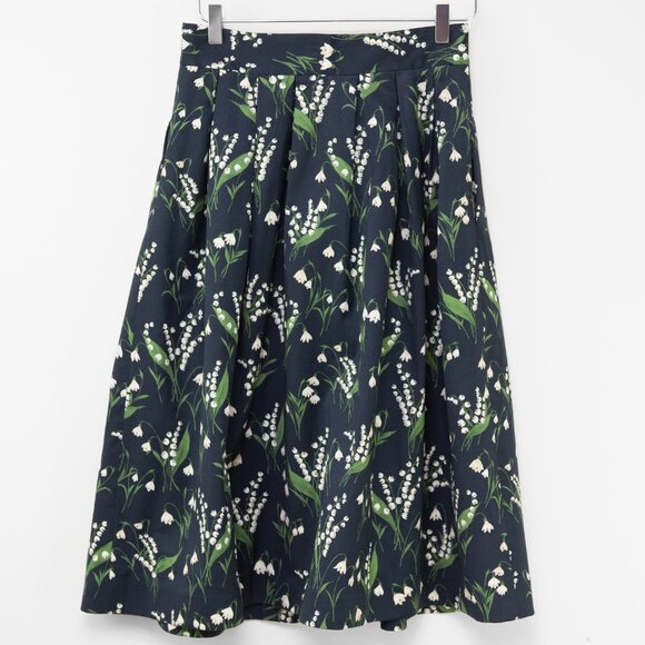 Carolina Herrera Midi Skirt Lilly of the Valley Print Navy Blue Green Cream 4 - Picture 3 of 8